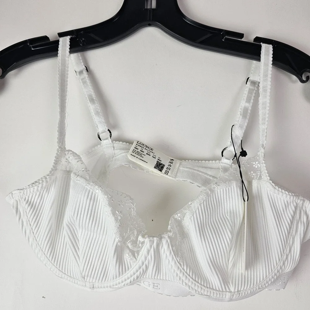 Lounge NWT Ribbed Balcony Bra Womens White Size 36D Lace Trim Underwire
